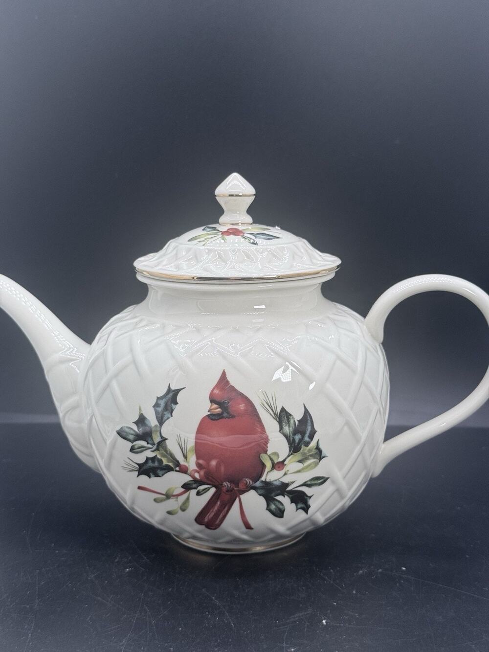 LENOX China Teapot Lattice Carved Winter Greetings Cardinal Bird Xmas Holly